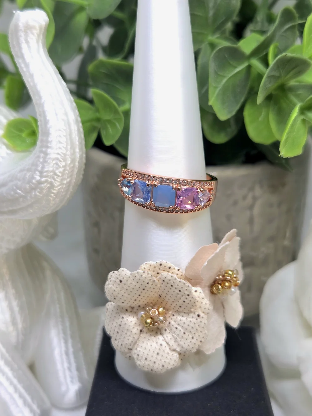 BP Rose Gold Band with Blue and Pink Square Gemstones